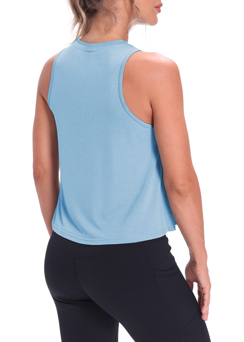 Mippo Workout Tops for Women High Neck Tank Cropped Workout Top Womens Muscle Tank Athletic T Shirts Crop Tees Light Blue S - Image 3